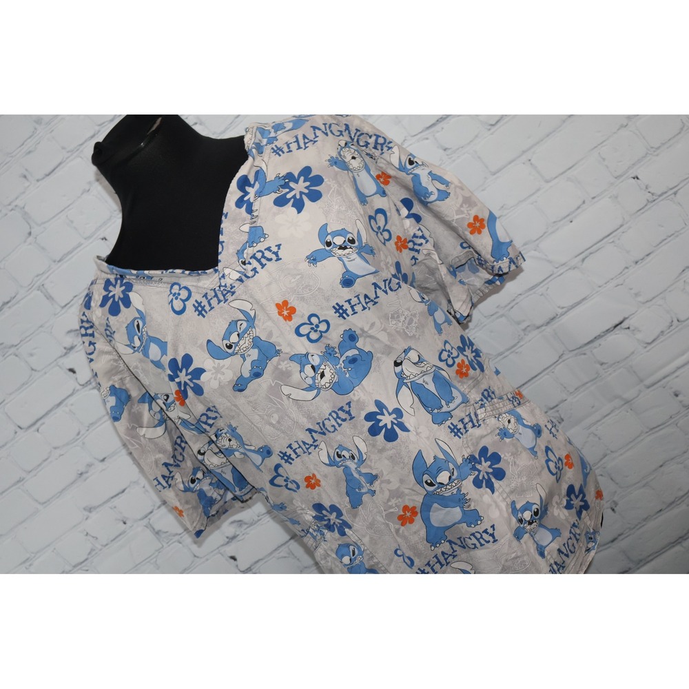 Disney Scrub Top Women Large Gray Stitch Hangry V-Neck Shirt Pockets